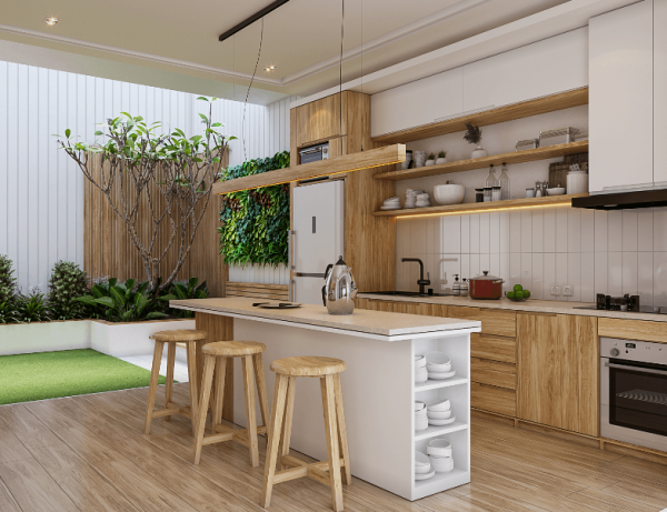 Kitchen set minimalis dengan meja makan terintegrasi